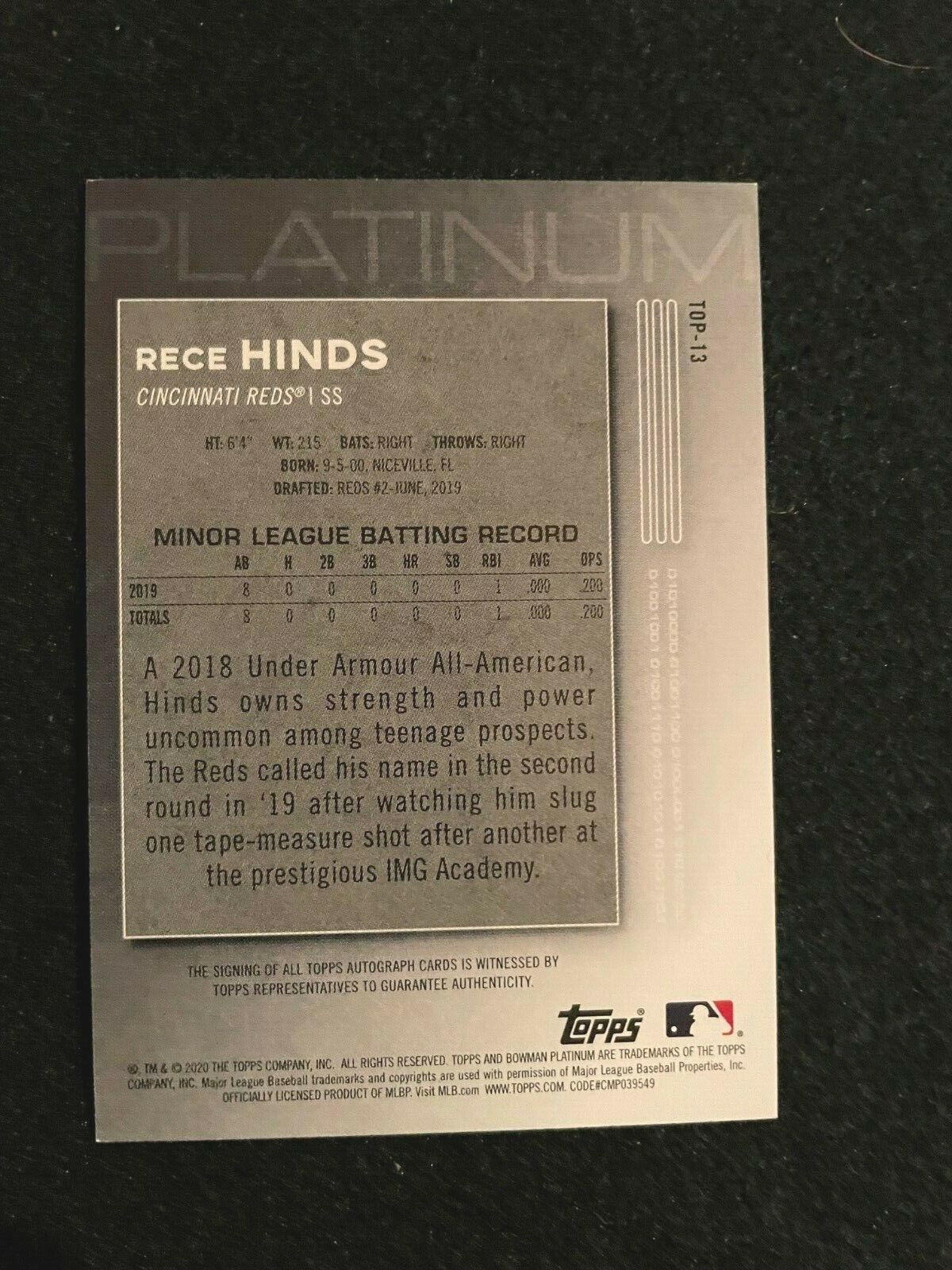 2020 bowman platinum Rece Hinds Top Prospects auto blue /150